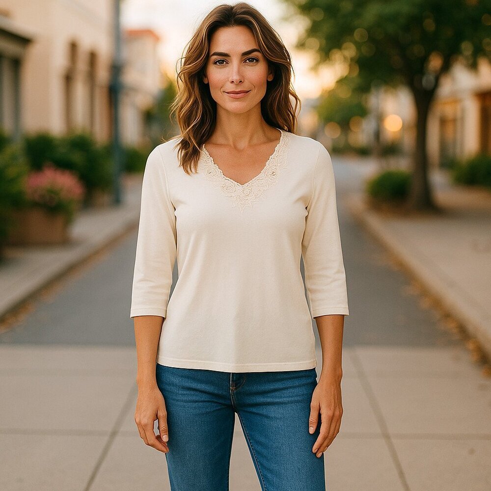 NEW LAUREN Ralph Lauren  SZ XL Lace-Trimmed Cream Stretch Cotton Knit Top